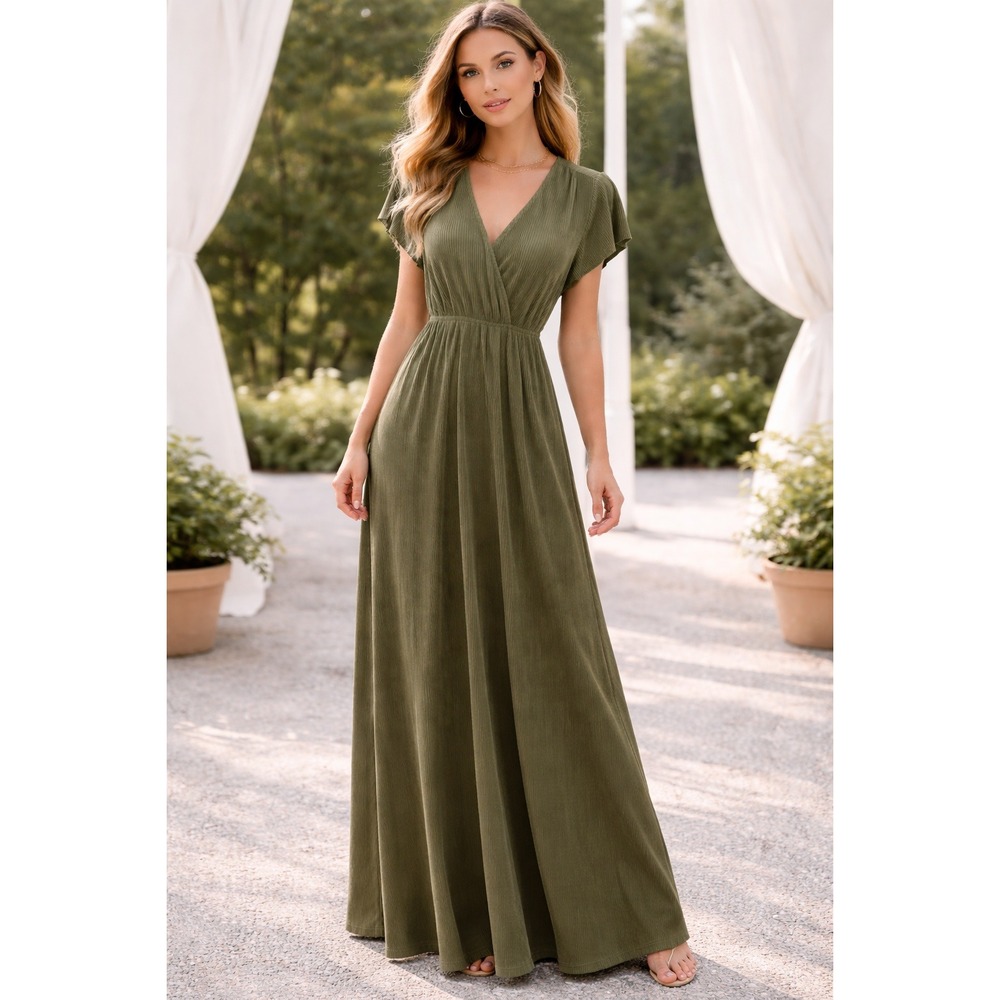 Baltic Born Sage Green Plisse Maxi Dress V-Neck Flutter‎ Sleeve Pleated Gown M